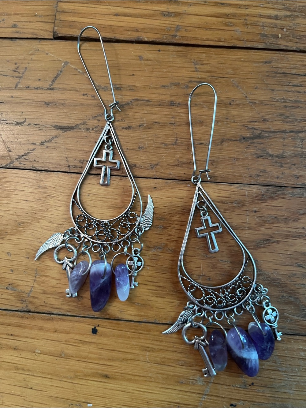 Bohemian Silver-Tone Cross & Amethyst Drop Earrings - Women Jewelry